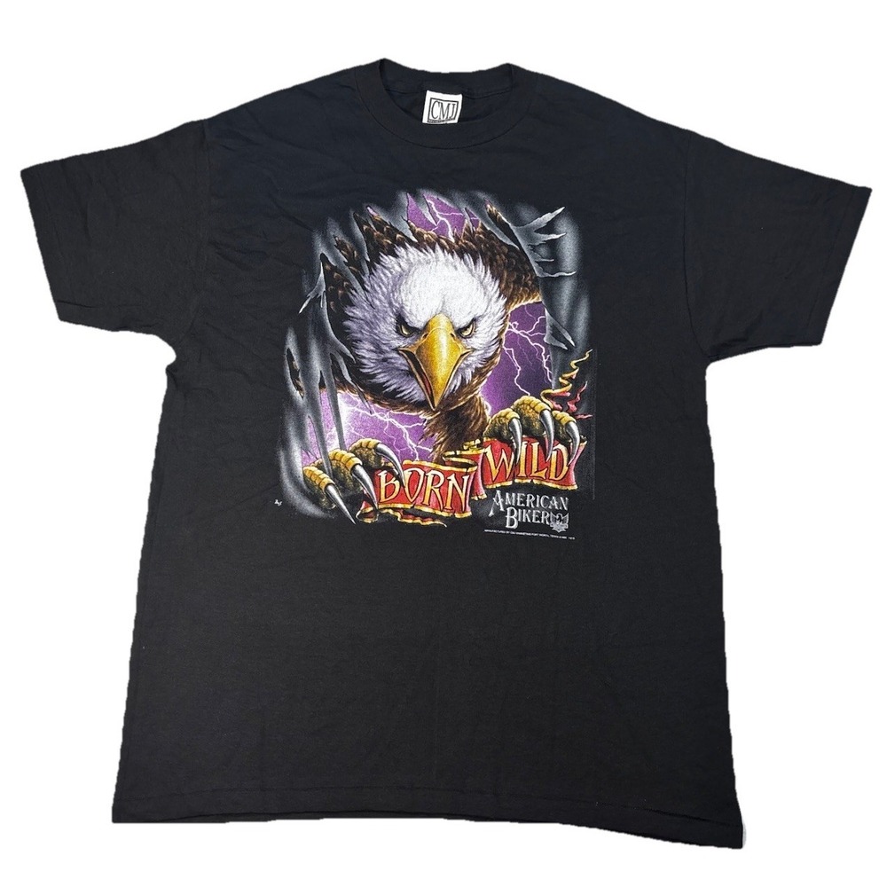 Vintage 1992 American Biker Born Wild Eagle Lightning Shirt Single Stitch USA L